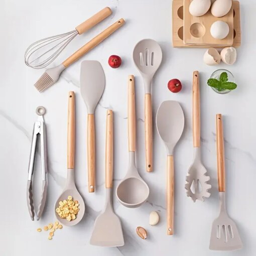 Set 12 Utensili Cucina Silicone e Legno Antiaderenti Resistenti al Calore - immagine 2