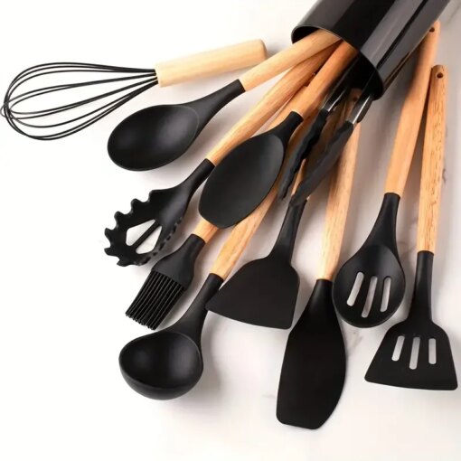 Set 12 Utensili Cucina Silicone e Legno Antiaderenti Resistenti al Calore - immagine 6