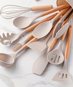 Set 12 Utensili Cucina Silicone e Legno Antiaderenti Resistenti al Calore