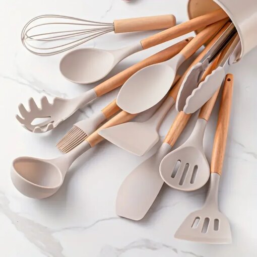 Set 12 Utensili Cucina Silicone e Legno Antiaderenti Resistenti al Calore