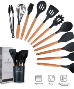 Set 12 Utensili Cucina Silicone Antiaderente con Manico in Legno