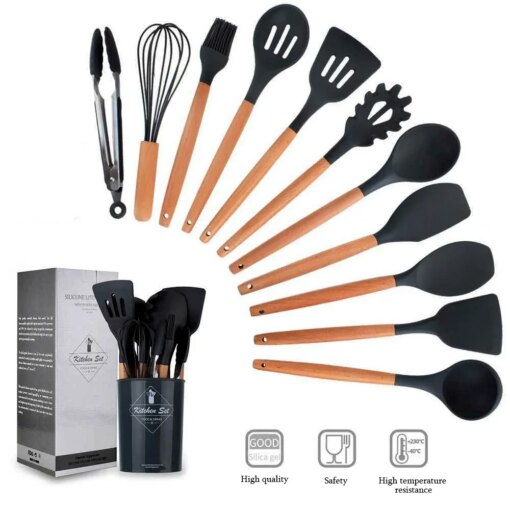 Set 12 Utensili Cucina Silicone Antiaderente con Manico in Legno