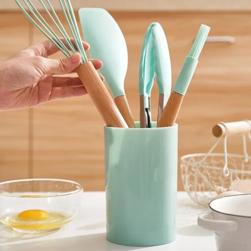 Set 12 Utensili Cucina Silicone con Manico in Legno - immagine 4