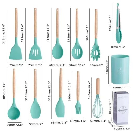 Set 12 Utensili Cucina Silicone con Manico in Legno - immagine 3